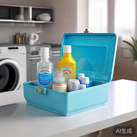 实用工具箱，洗洁精清洁洗衣机。